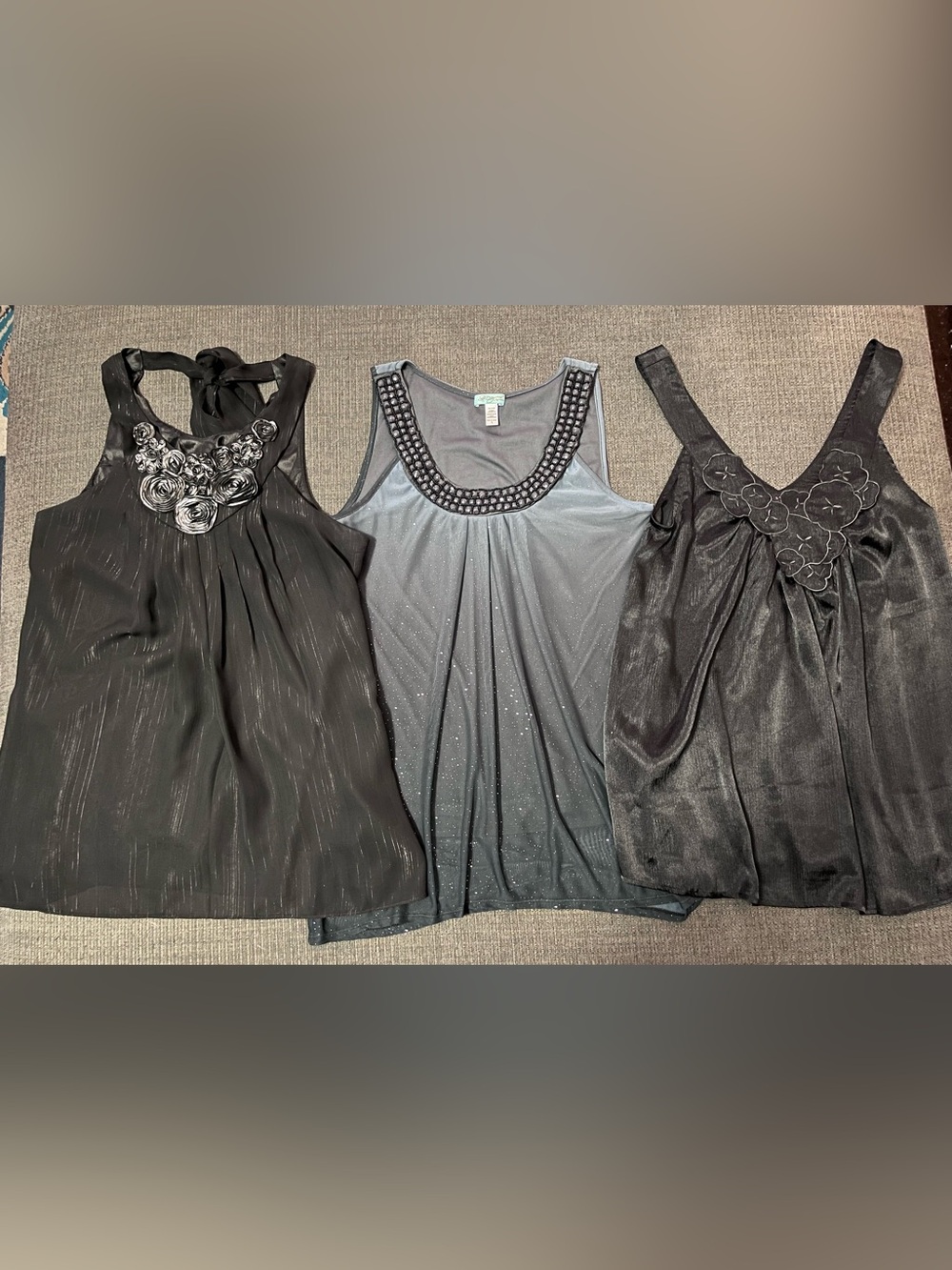 Three Black & Charcoal Dressy Tank Tops - Floral & Embellished Details